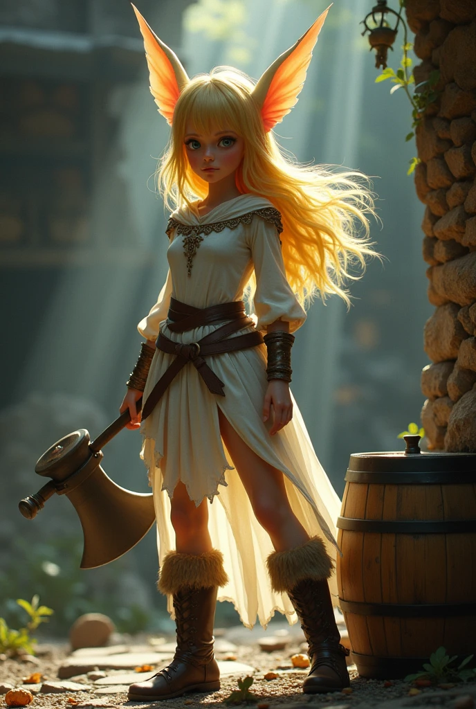 (Realystic:1.4), analog photo style, depths of field, (a blond-haired adult Pixie holding a mace. She is prepared for battle in a white cleric’s tunic. He has a wooden keg of beer next to her, dark fantasy atmosphere, deep shadows with the some sun rays, a delicate balance between reality and fantastic, faded colours, great quality, Masterpiece, most detailed blurred surreal background, naturally cinematic light, 16k quality, kodak porta 400, bokeh.