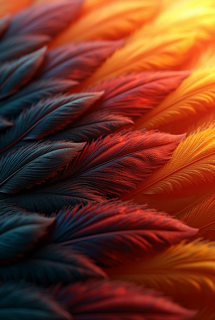 (photorealism:1.2), Create a texture with phoenix feathers with gradients ranging from black to red, Orange and yellow