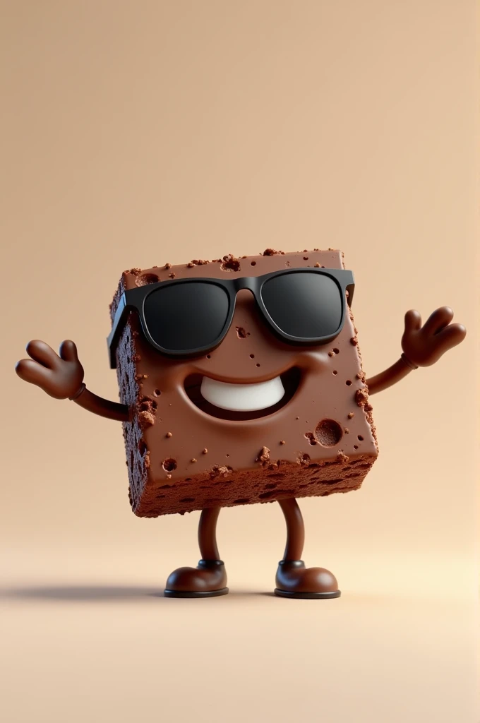 Square shaped piece of brownie with sunglasses, smiling and with open arms