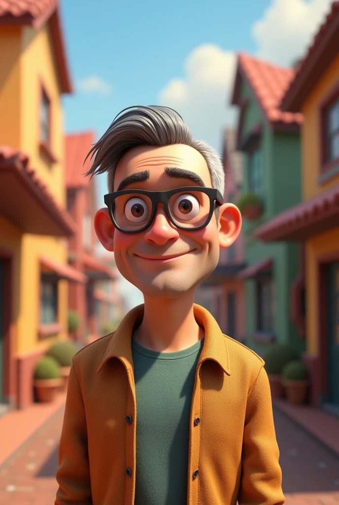 50 year old man, hair grey, short on the side, no beard and moustache, with glasses a little fat, in the style of Disney Pixar animation