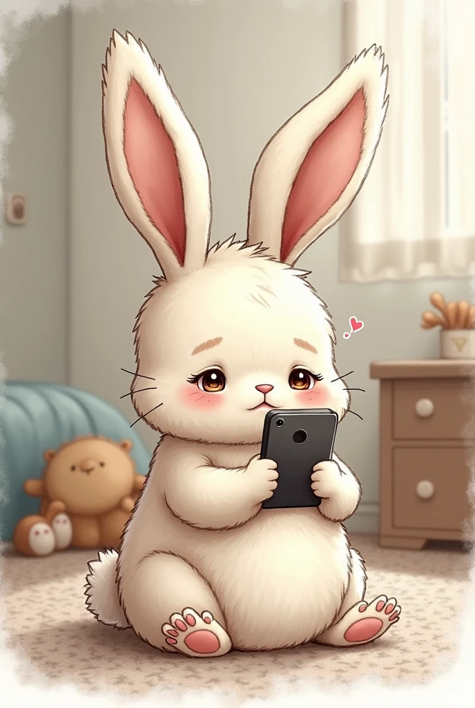 Drawing of a Bunny using her cell phone and getting sad