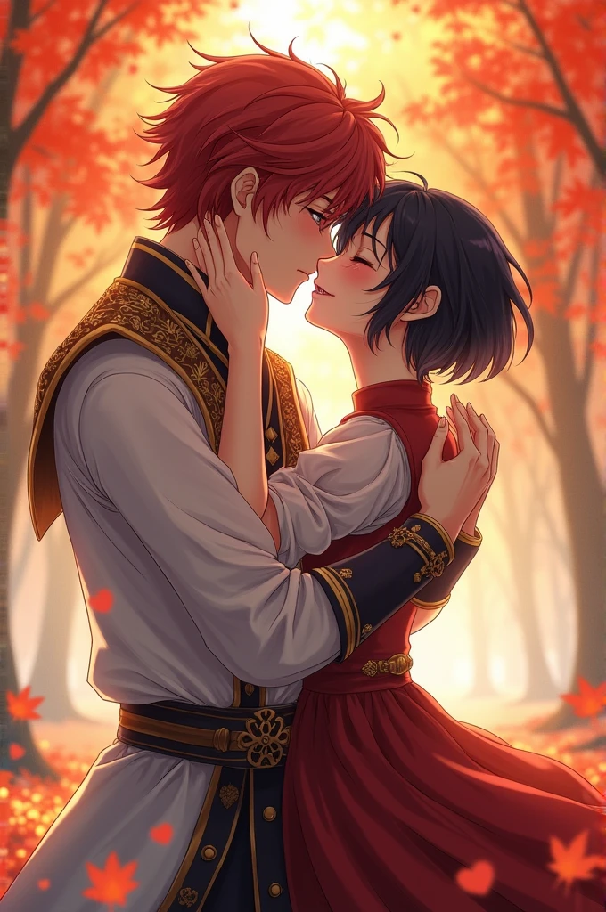 Two anime characters kissing. Eu quero que o fundo seja repleto por autumn trees. Alaric (The asset) have medium length red hair. He is tall, offwhite,  wears a fancy, medieval white shirt with detachable sleeves.
He&#39;s also very chic, but very friendly and charismatic. The other one, the passive, It&#39;s Cale. He is shorter than Alaric, have short black hair, he&#39;s a little dark and shy. He&#39;s also a bit of a tsundere, and gets embarrassed easily, Although, if they try to mess with his love, o Alaric, he reveals his true anger. The image will be the two of them kissing, Alaric wraps both his hands around Cale&#39;s face as he kisses the younger man passionately.. Cale will already be on tiptoe, flushed, but returning the kiss. Ao fundo, autumn trees.