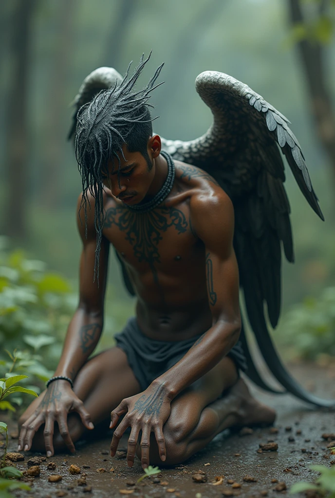  The young Karãu man kneels on the ground, crying in despair. suddenly, His body begins to transform into a bird