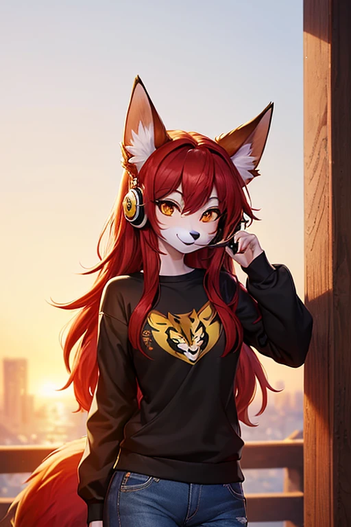 (work of art, Maximum quality, best qualityer, offcial art, beautiful and aesthetic:1.2) Uma Furry Raposa Gamer, Using a Black and Gold Headset, red fox ears, long red hair, red fox tail, white fur, gold eyes, Wearing a Black Sweatshirt and Blue Jeans.