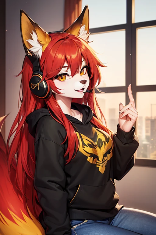 (work of art, Maximum quality, best qualityer, offcial art, beautiful and aesthetic:1.2) Uma Furry Raposa Gamer, Using a Black and Gold Headset, red fox ears, long red hair, red fox tail, white fur, gold eyes, Wearing a Black Sweatshirt and Blue Jeans.