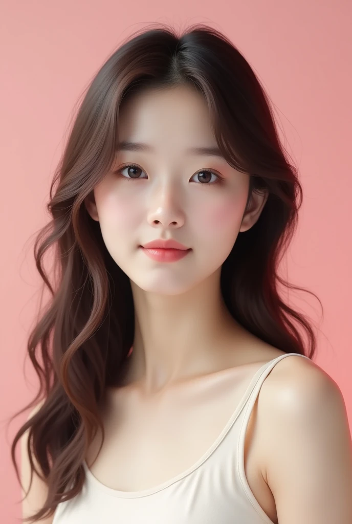 Brown center part、Long Hair、Fair skin、korean natural makeup、TWICE Sana、Big lips、Plain pink background、Female announcer、White sleeveless、