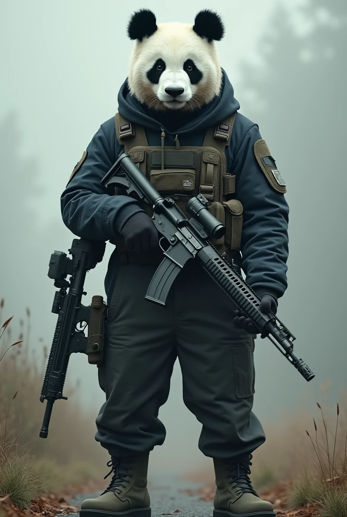 A man with a panda head stands holding an M4 and a . 38 pistol