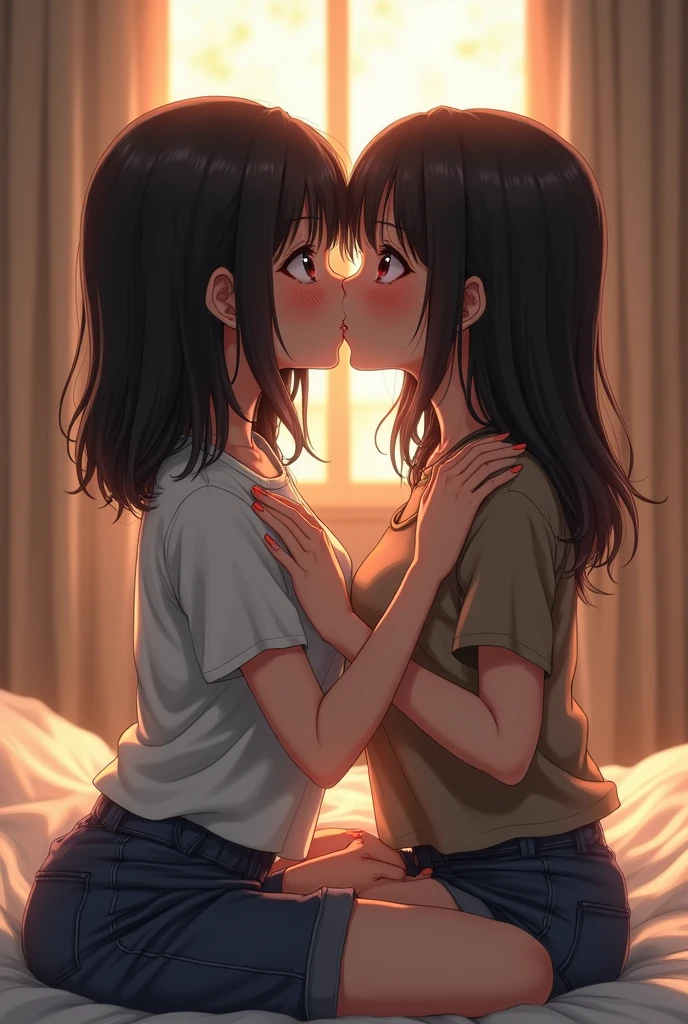 Two Japanese Girls kiss lips to lips 