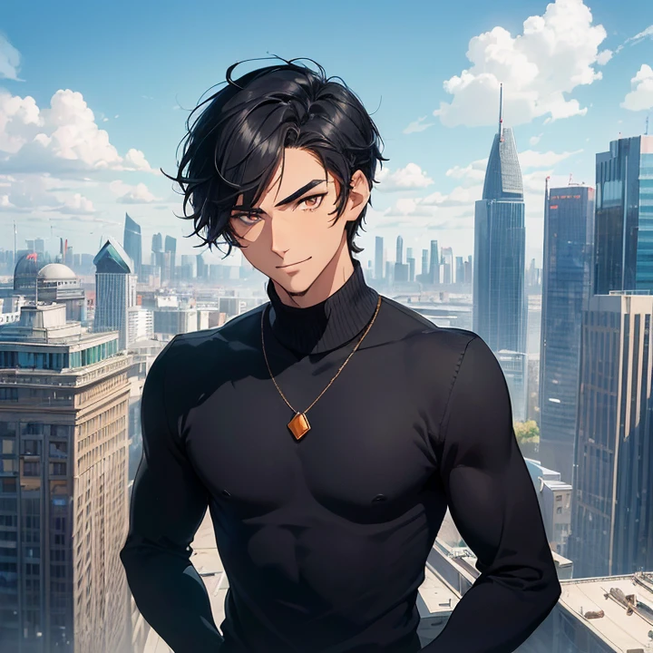 Masterpiece, High Resolution, HD, High Quality, UHD, Super Detailed, Best Quality, High Details, Fantasy, grimdark, alone solo character, no deformities.
{{(1character: a 26 young man:(white skin, black hair, short emo hair, orange eyes, closed mouth gentle smile, tall complexion, slender complexion, rounded nose, big eyebrows, delicated features, handsome manly),(light-blue sweater, bluevsleeves, black pants),(cheerful demeanor, looking at viewer),(very modern city, blue day sky, bright twin golden suns in the sky, fantasy modern london city)))}}