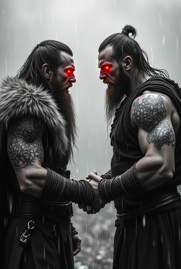 Two vikings shaking hands in the rain. One is short and fat with a long beard and long hair. The other is tall and strong with short hair and a three-day beard. Both have tattoos and both have red eyes. Both are wet from the rain and have scars on their faces. The picture is black and white only the red eyes glow 