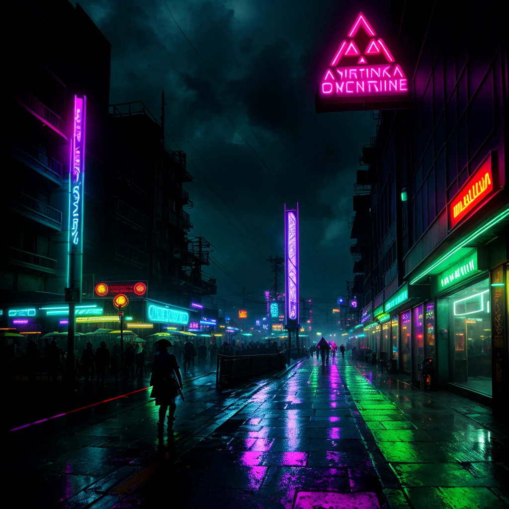 rainy morning in a hyrule from the legend of zelda with futuristic look and neon lights