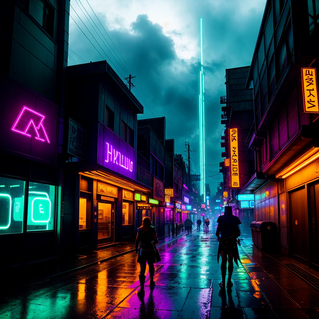 rainy morning in a hyrule from the legend of zelda with futuristic look and neon lights