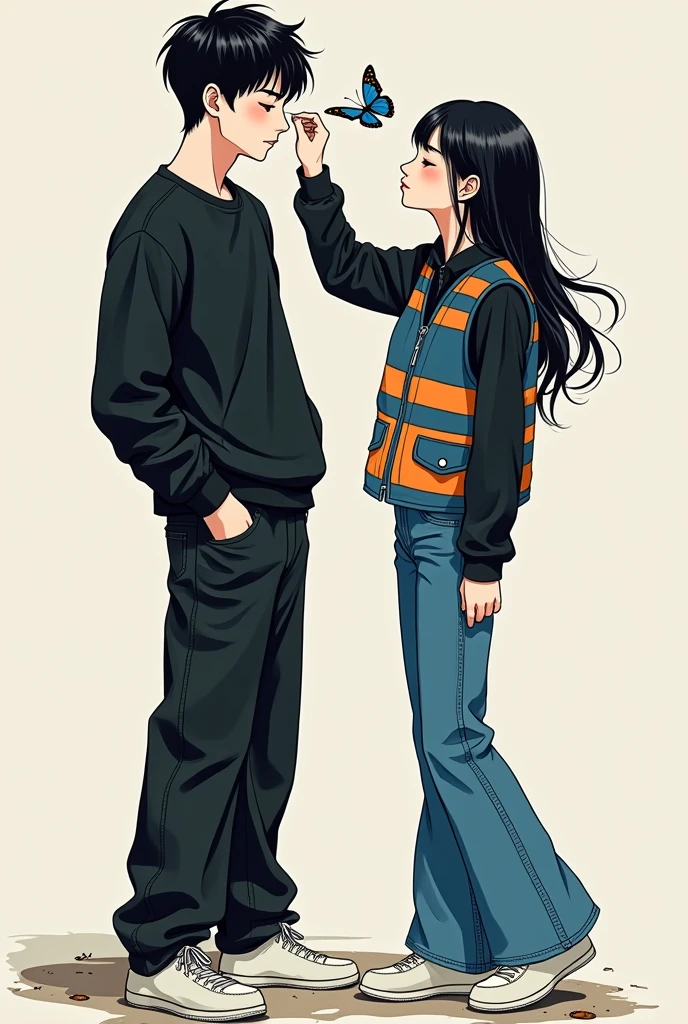  
A grown man, high, with black hair in the style of a kpop idol, korean traits, White skin; dressed in wide black jeans,  a black sweatshirt and white sneakers. Una mujer adolescente con korean traits, with long black hair in the style of a kpop idol, skin very white, dressed in blue flere-type jeans, a blue and orange striped vest and white sneakers.  sticks butterfly stickers on adult man&#39;s face. in manga style