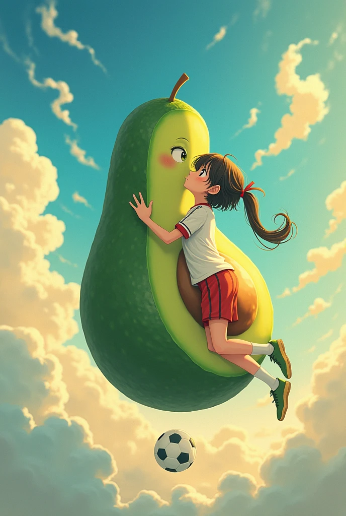 Avocado shaped like an anime woman kissing in the sky with a soccer player in anime form