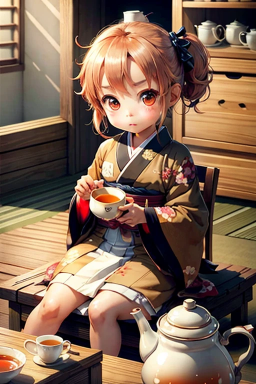 Cute chibi anime sitting in a teapot, Wear a brown kimono, drink tea, logo