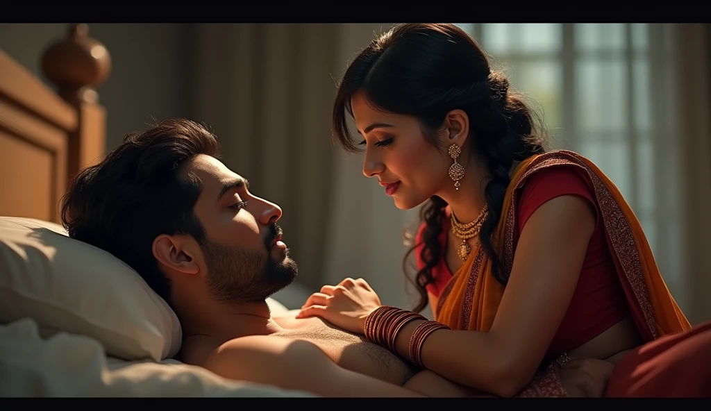 A Indian tiny teen ready to kiss by a young man on bed