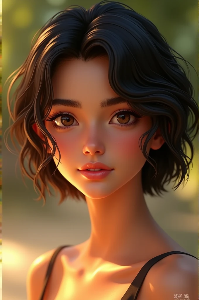 A white Latina woman with short black hair,sun hitting the face and brown eyes