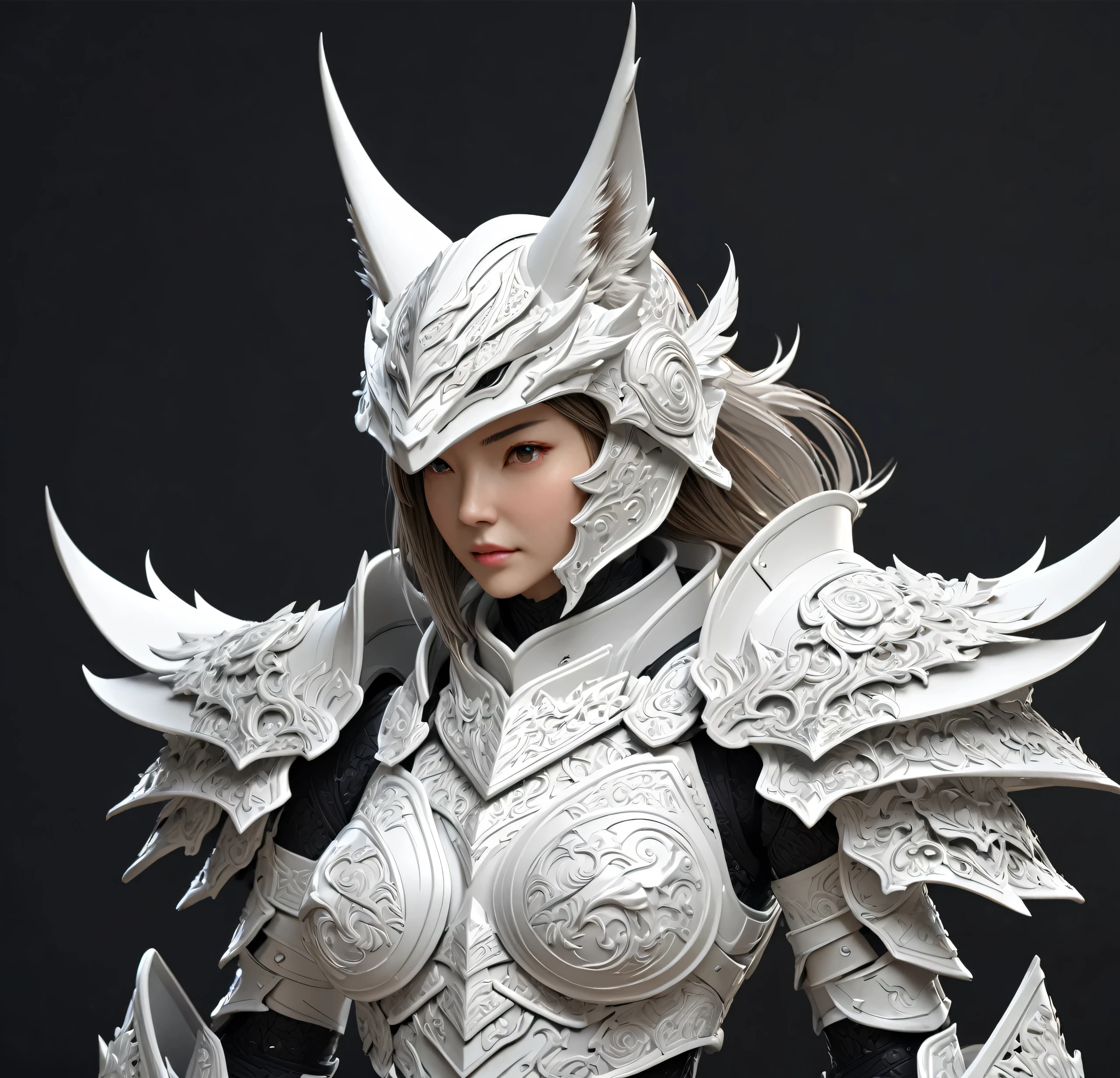 a close up of a model of a female character with a helmet, high detail and very sharp, strong ambient occlusion, detailed armor, detailed fantasy armor, high poly, highly detailed armor, kitsune inspired armor, hyperdetailed fantasy character, detailed white armor, armour merging with body, render of heavy fantasy armor, intricate armor details