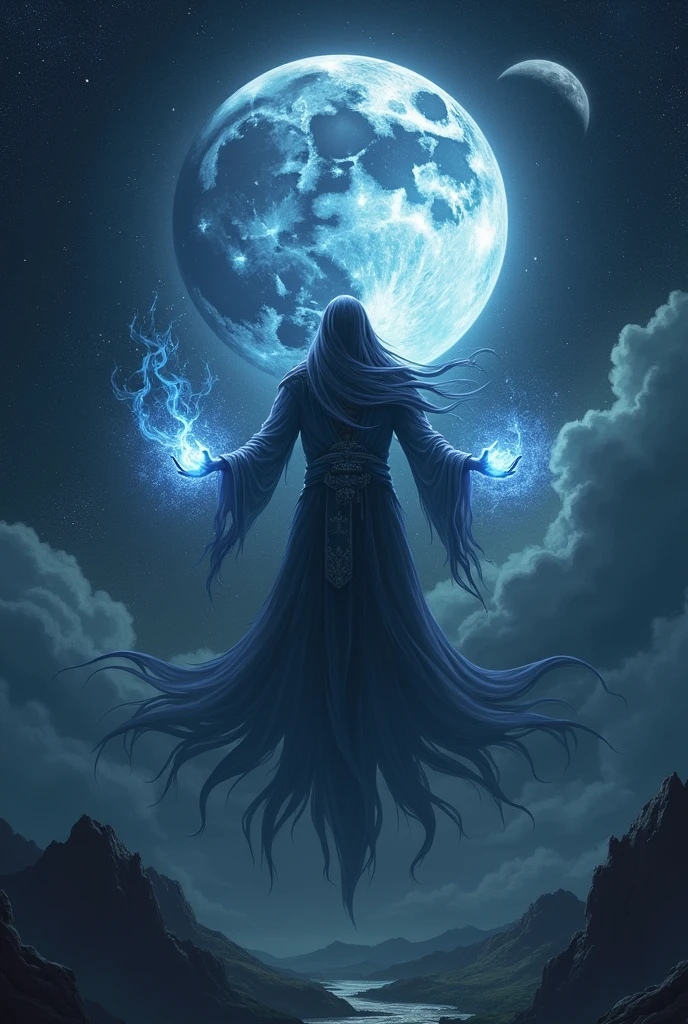An ethereal moon god at the space, he is floating in front of an lunar eclipse, his hands emanate an dark energy, divine black aura, moon background