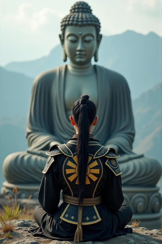 a half japanese half thai mixed race man, il a les cheuveux ???? profond et une queue de cheval, these eyes are a bright yellow color. He wears black samurai light armor with gold detailing., he is sitting praying facing buda on top of a mountain 