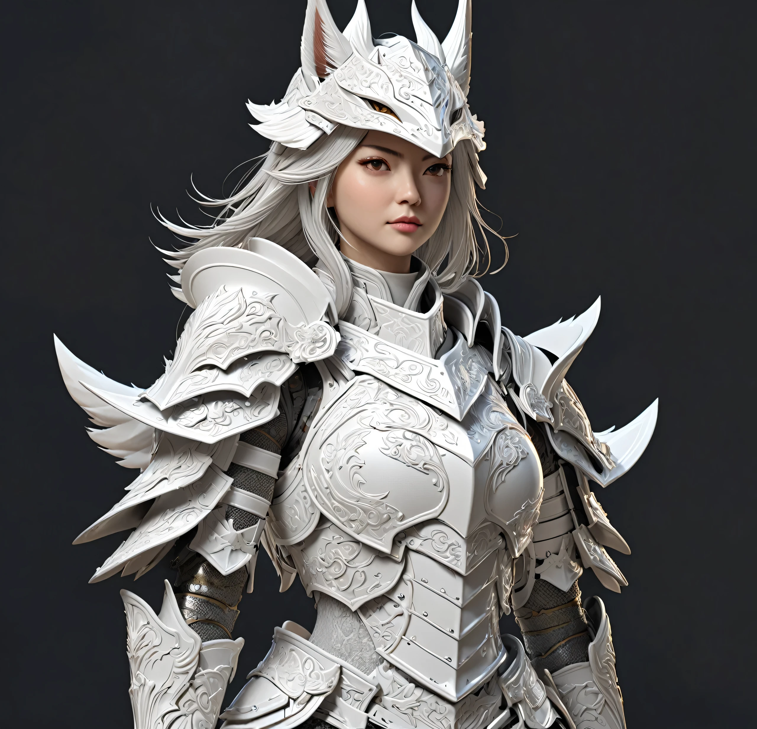 a close up of a model of a female character with a helmet, high detail and very sharp, strong ambient occlusion, detailed armor, detailed fantasy armor, high poly, highly detailed armor, kitsune inspired armor, hyperdetailed fantasy character, detailed white armor, armour merging with body, render of heavy fantasy armor, intricate armor details