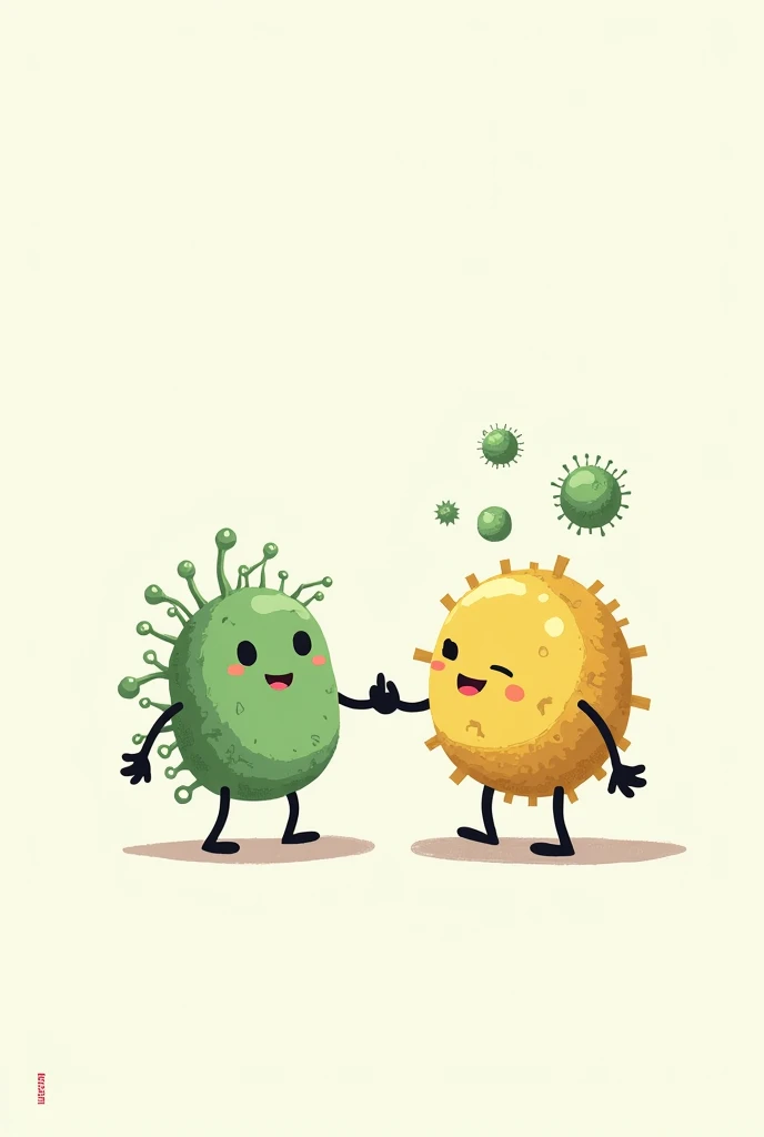 A small alpha-proteobacteria and a small cyanobacteria, smiling and shaking hands with the eukaryotic cell