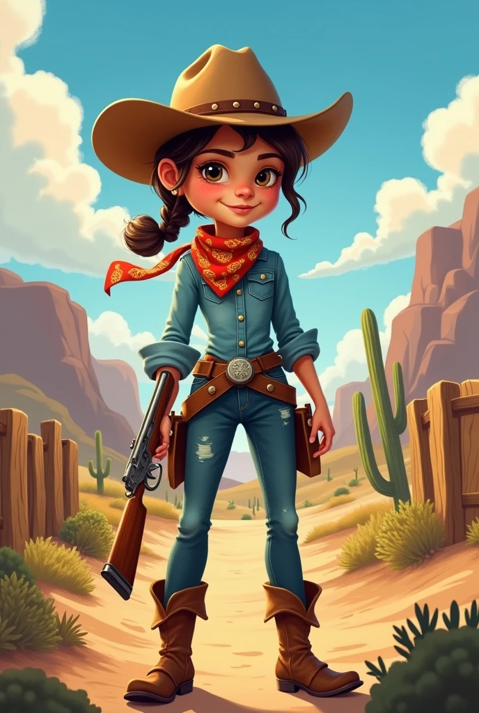 Create a boy in a cowboy outfit with a bandana and a BB gun, Her name is CLOVER 