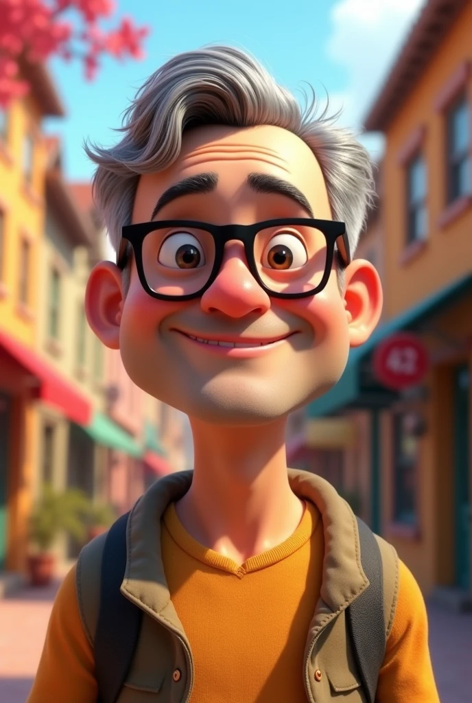 50 year old man, hair grey, short on the side, no beard and moustache, with glasses a little fat, in the style of Disney Pixar animation