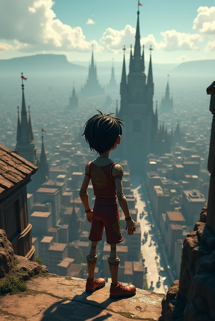 Pinocchio from Lies of P looking at the city of Krat from a viewpoint