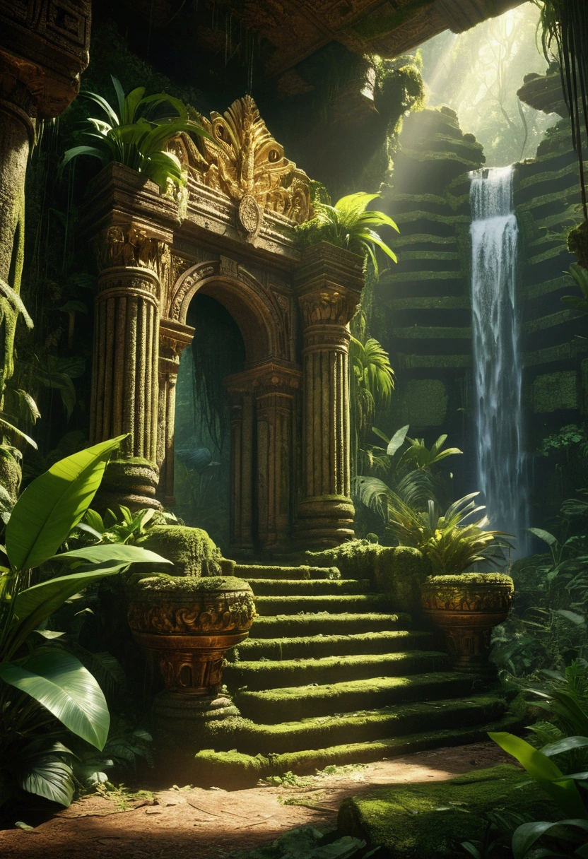 cinematic dramatic lush jungle scene, detailed tropical foliage, ornate golden throne, moss-covered ruins, cascading waterfalls, shafts of light, volumetric god rays, (best quality,4k,8k,highres,masterpiece:1.2),ultra-detailed,(realistic,photorealistic,photo-realistic:1.37),vibrant colors, cinematic lighting, dramatic shadows, intricate details