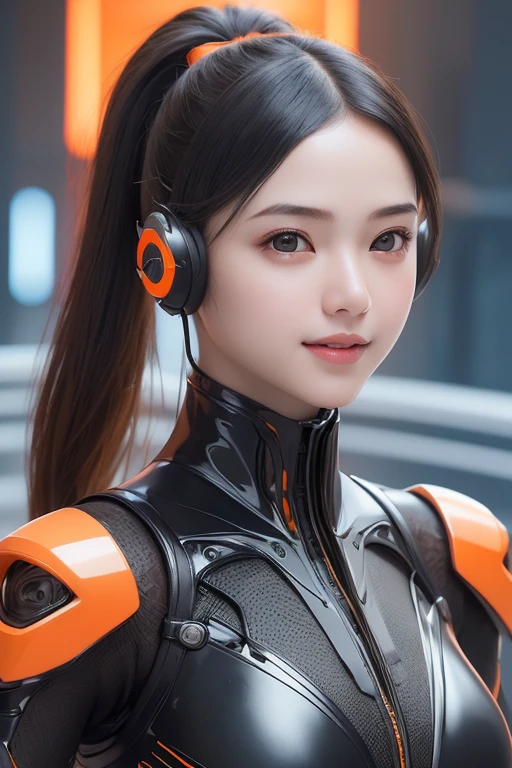 Top Quality, Masterpiece, Ultra High Resolution, (Photorealistic: 1.4), Raw Photo, 1 Girl, Black Hair, Glossy Skin, 1 Mechanical Girl, (((Ultra Realistic Details)), Portrait, Global Illumination, Shadows, Octane Rendering, 8K, Ultra Sharp, Intricate Ornaments Details, realistic skin, sweat effect, ((wearing Headphone)), very intricate detail, realistic light, CGSoation trend, brown eyes, glowing eyes, matte black and glossy orange mechanical bodysuit, Long hair, black hair, Ponytail hair, full body shot, spaceship bridge background, dynamic pose, smile, 