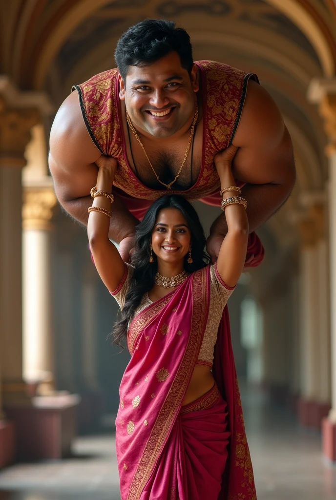 Beautiful and Slim Indian woman Aishwarya Rai in green blouse red saree lifting a large chubby man above her shoulders, man is sitting on woman's shoulders, in a bedroom with high ceiling, natural smile, full body image