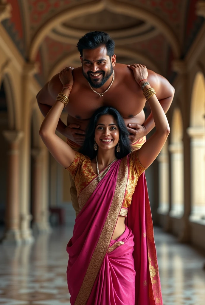 Smiling and Beautiful indian woman in dark pink silk saree lifting up a large chubby man on her head, in a room with high ceiling, full body view