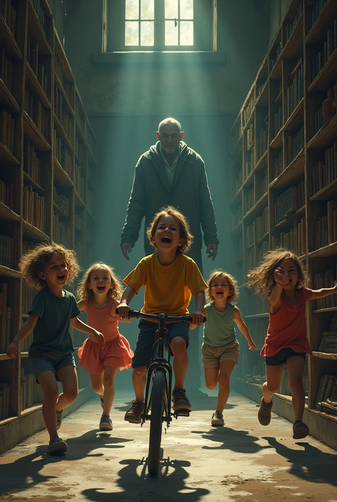 5 , two girls and three boys, are in a large room, dusty, with the windows closed and low lighting and with several shelves of old books in the background. The children are dancing singing happy songs, with excitement, one of them pedals an old exercise bike. Enquanto isso, an old black man, with old and scary looking clothes, smoking a pipe, is hidden silently behind one of the bookshelves.
