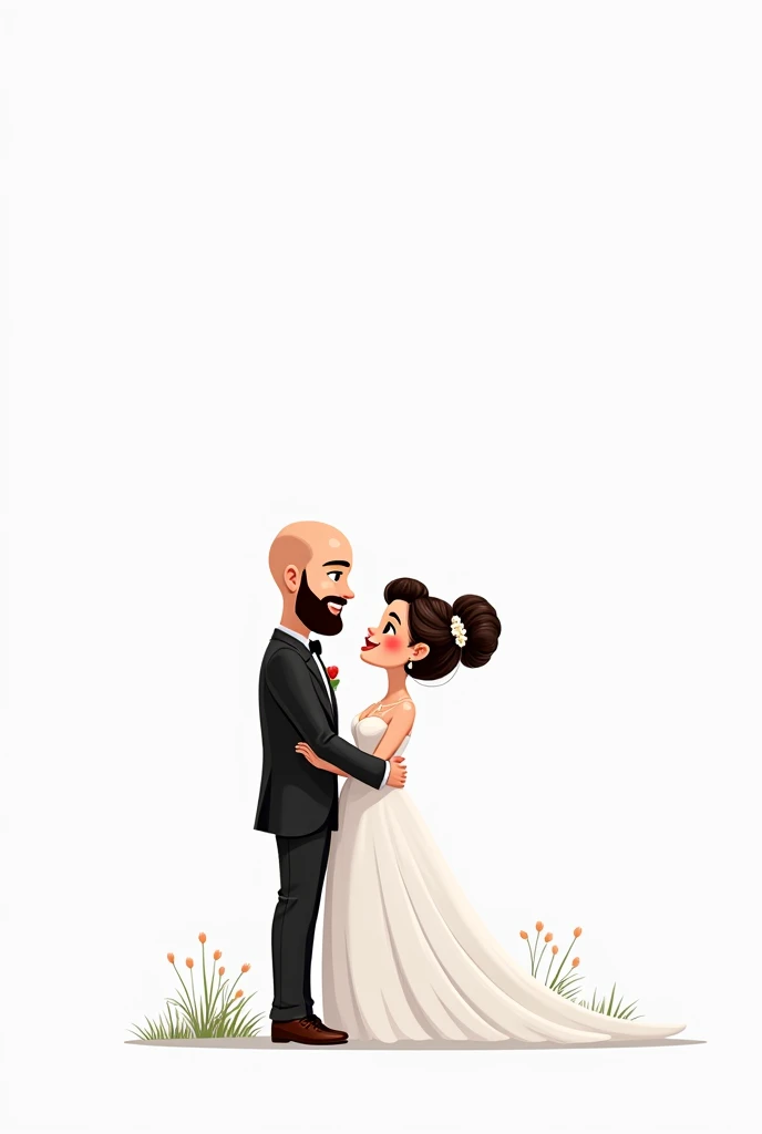 A cute black and white cartoon of a handsome bald and bearded groom and his bride