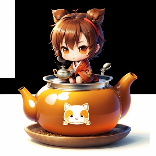 Cute chibi anime sitting in a teapot, wear brown kimono, drink tea, logo