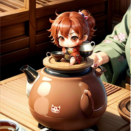 Cute chibi anime sitting in a teapot, wear brown kimono, drink tea, logo