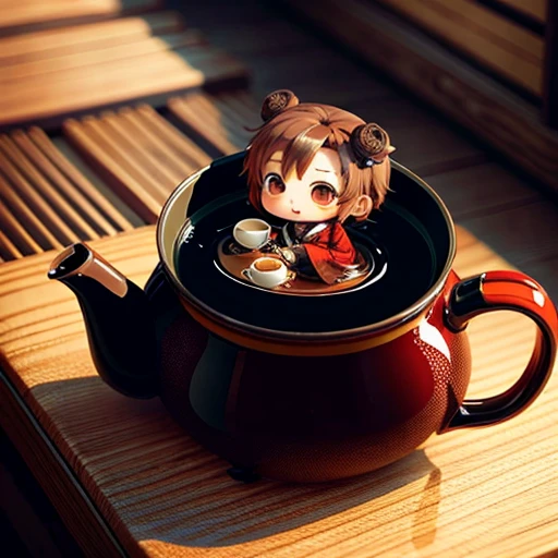 Cute chibi anime sitting in a teapot, wear brown kimono, drink tea, logo