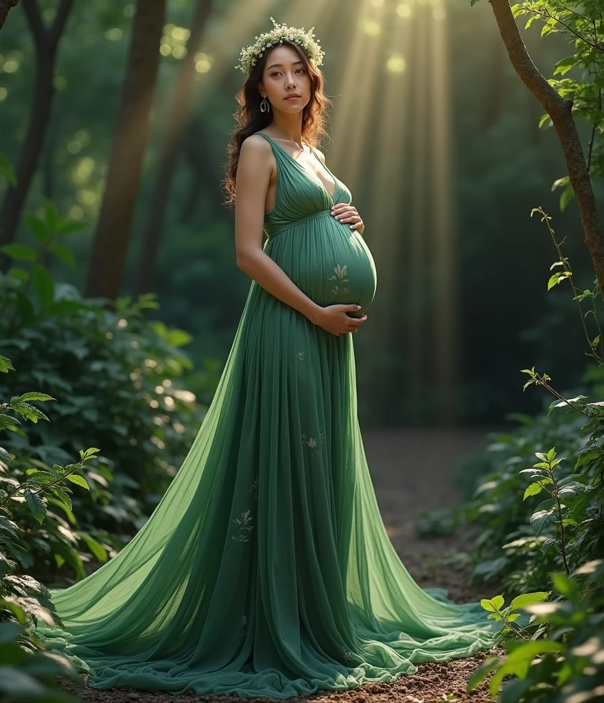 pregnant woman in green dress standing in forest with sunbeams, a photorealistic painting inspired by Kim Du-ryang, trending on cg society, fantasy art, maternal photography 4 k, in green forest, full body pose, full body photoshoot, goddess of the forest, goddess of nature, nature goddess, full body portrait shot, pregnant belly, full body green dress