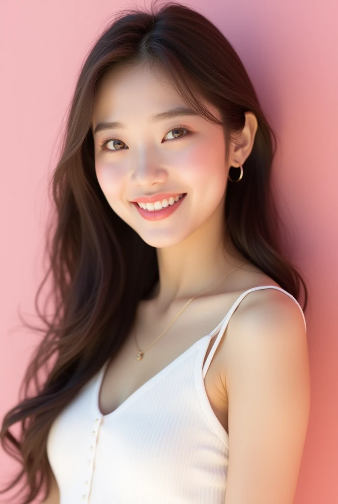 Japanese ),((beautiful girl)),cleavage,An expression that imagines something pleasant:1.2,(perfect body beauty:1.2),((perfect body)),(shy smile),beautiful teeth,