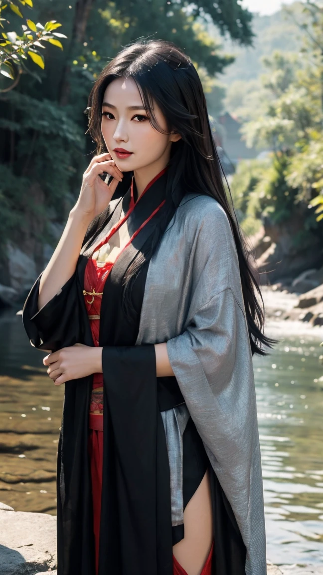 Beautiful woman in Han Dynasty deep clothing standing by the river,Long black hair shawl,Hands caressing the man's shoulders,Gentle and firm expression。The background is dusk,The river flows quietly,Willow trees sway in the wind,Symbolizes eternal love
