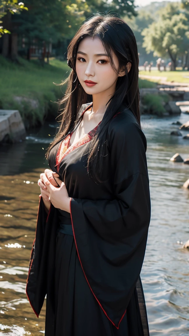 Beautiful woman in Han Dynasty deep clothing standing by the river,Long black hair shawl,Hands caressing the man's shoulders,Gentle and firm expression。The background is dusk,The river flows quietly,Willow trees sway in the wind,Symbolizes eternal love
