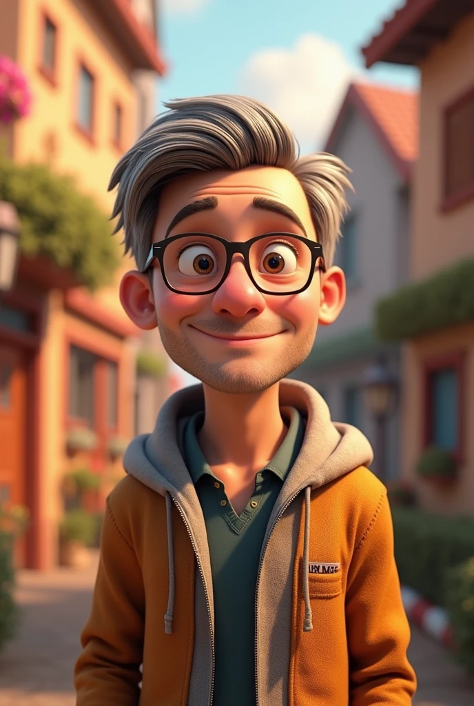 50 year old man, hair grey, short on the side, no beard and moustache, with glasses a little fat, in the style of Disney Pixar animation

