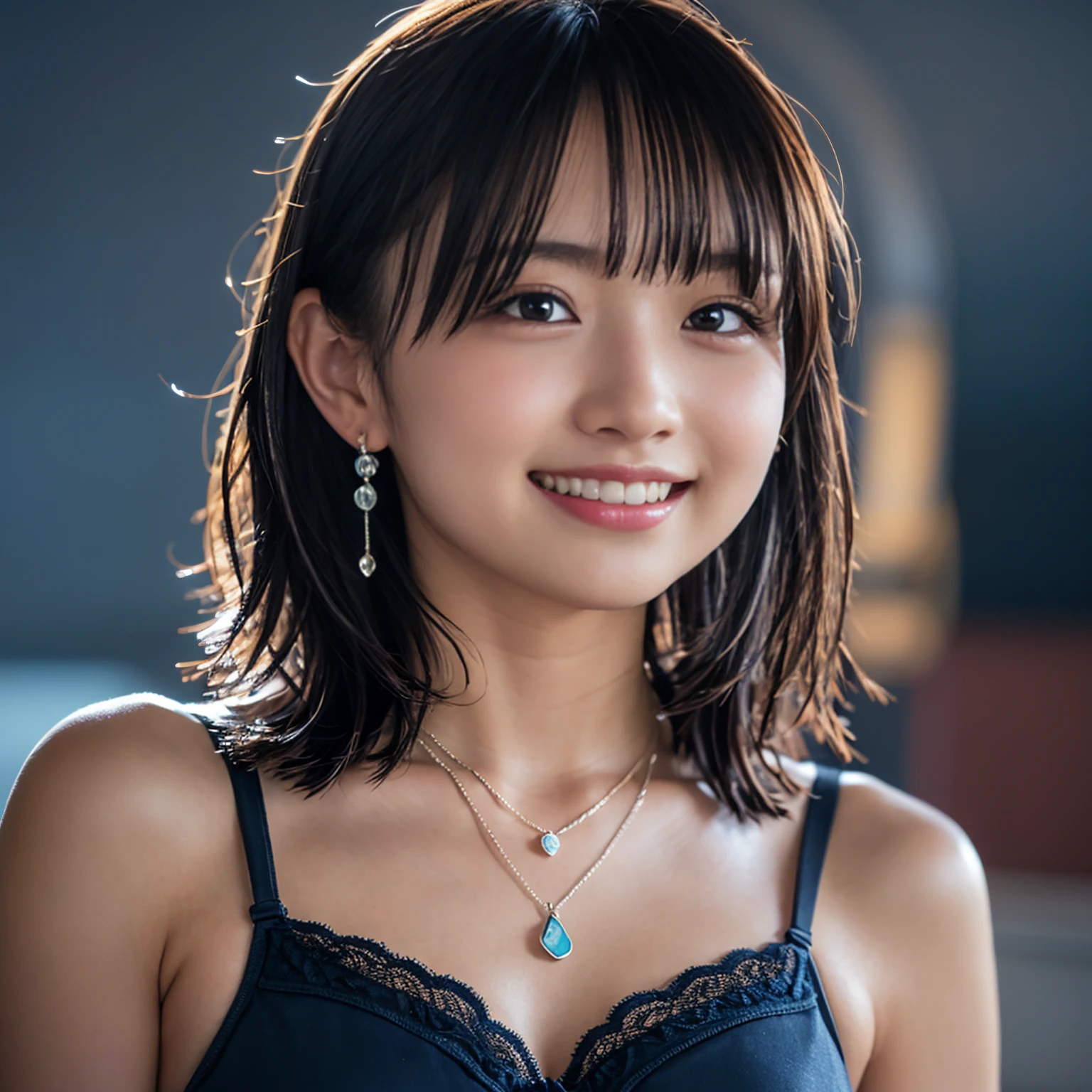 (8k, RAW Photos,Highest quality, High resolution:1.1), (Ultra-realistic:1.4),(Realistic:1.4), Realistic Face,Realistic Body,Realistic Skin,masterpiece,(cute:1.8), Japanese, ((Sexy blue bra)), Upper Body, Beautiful dark eyes,Innocent eyes,Cinema Lighting,Film Grain,jewelry,Earrings,((Medium Hair:1.1)),Cherry colored lips,Hair Ribbon,ponytail,Audience,Long Hair,,Open your lips,Upper teeth, (Smiling Eyes:0.6),((Grin:1.3)),Blurred Background, Eye focus , Bokeh,young, 85mm lens, Photon Mapping,Radio City,necklace