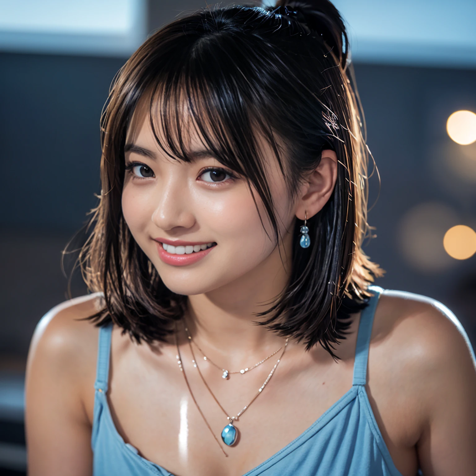 (8k, RAW Photos,Highest quality, High resolution:1.1), (Ultra-realistic:1.4),(Realistic:1.4), Realistic Face,Realistic Body,Realistic Skin,masterpiece,(cute:1.8), Japanese, ((Sky blue sexy bra)), Upper Body, Beautiful dark eyes,Innocent eyes,Cinema Lighting,Film Grain,jewelry,Earrings,((Medium Hair:1.1)),Cherry colored lips,Hair Ribbon,ponytail,Audience,Long Hair,,Open your lips,Upper teeth, (Smiling Eyes:0.6),((Grin:1.3)),Blurred Background, Eye focus , Bokeh,young, 85mm lens, Photon Mapping,Radio City,necklace