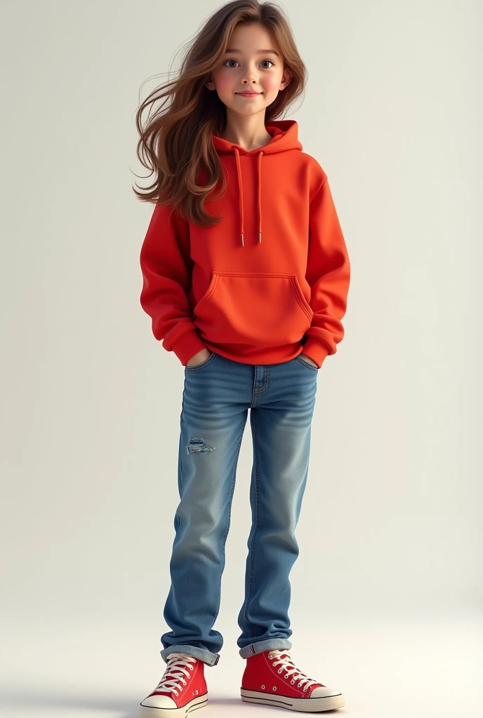 A ager, brown hair, red hoodie, jeans, red sneakers, hands in pockets, no background,