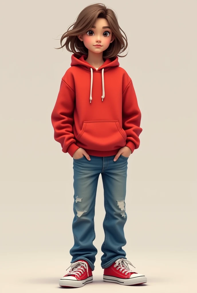 A teenager, brown hair, red hoodie, jeans, red sneakers, hands in pockets, no background,