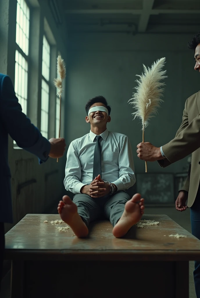 Malaysia malay handsome 19 years student
He laugh very hard
His hand handcuff in abondon warehouse
Blindfolded
handcuff
Formal Work Outfit
Focus Sweaty hot feet on desk
feather duster on desk
Take off shoes on desk
2 man holding feather duster