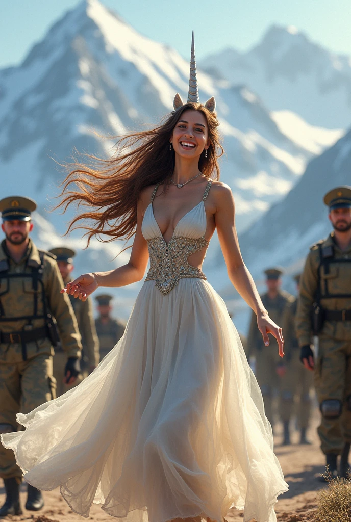 Une licorne féminine, long cheveux bruns, qui danse joyeusement avec un beau sourire au milieu de militaires mécaniciens militaires. En arrière-plan des montagnes. Réaliste.