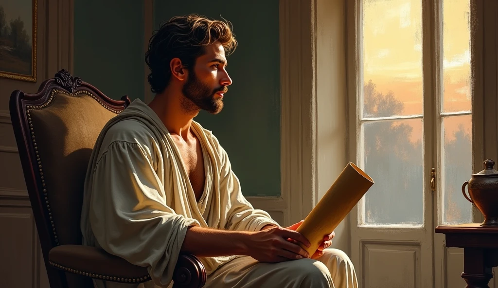 A male Stoic philosopher, around 2, possesses a well-proportioned and attractive physique, his slightly tanned skin hinting at time spent outdoors in contemplation. His very short, well-trimmed beard and wavy, well-styled hair frame a face that exudes both wisdom and a subtle sensuality, drawing attention wherever he goes. He is dressed in classic tunics in soft earthy tones - gray, brown, and olive green - with subtle gold or copper details, which fall gently on his body, subtly revealing his shoulder. He is seated in a reflective pose, holding a scroll in his hand, in a softly lit study at dusk. The scene is painted in an impressionist style, with dramatic brushstrokes that capture the warm, fading light of the setting sun, highlighting contrasts of light and shadow. The philosopher’s face reflects deep contemplation, emphasizing the inner conflict of evaluating those who bring him down and questioning why he still allows them to stay in his life.
